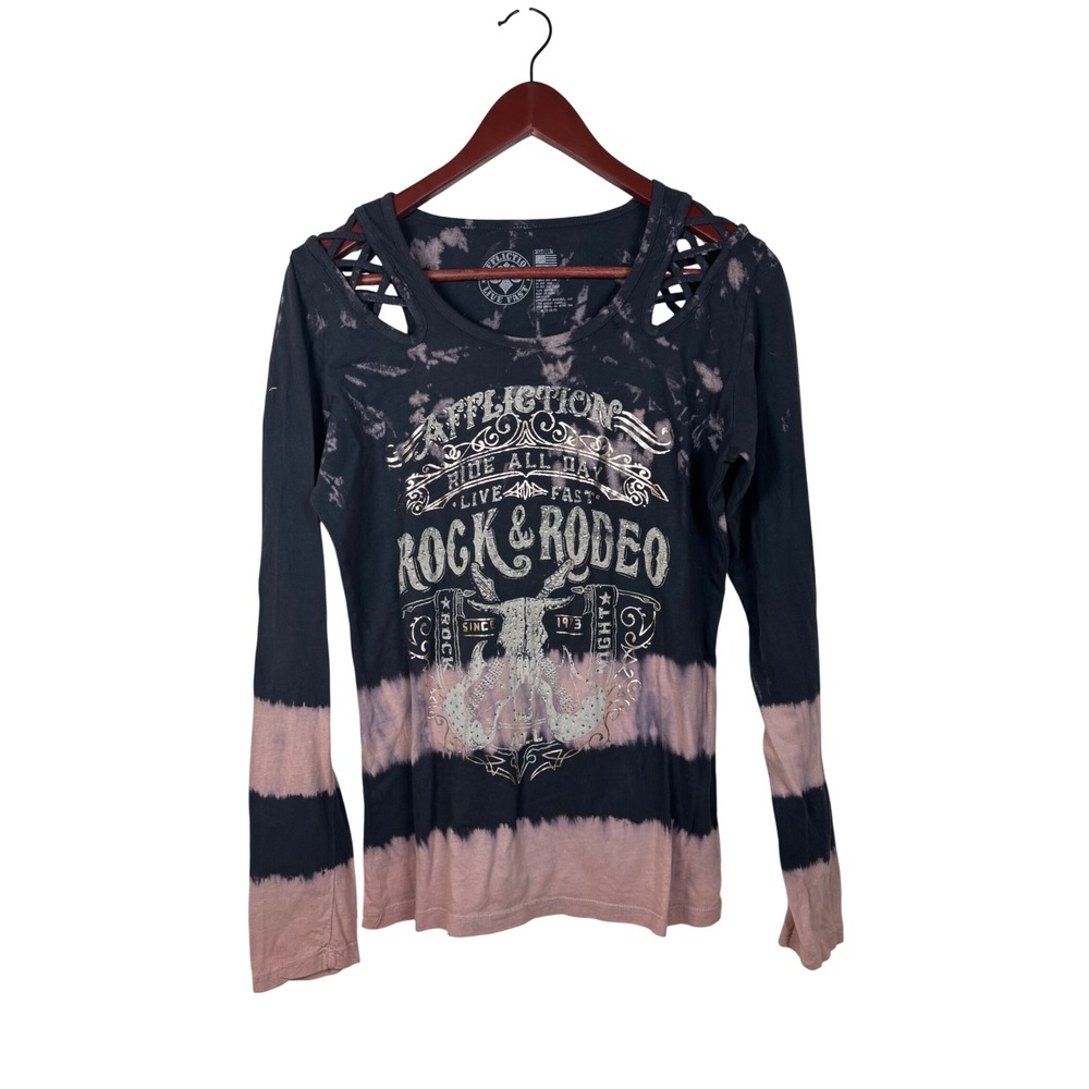 Affliction Long Sleeve Top Womens Medium Black Pink Rock Rodeo Cutout Tie Dye